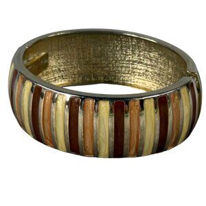 Vintage Hinged Clamper Bangle Bracelet Multicolor Inlay Metal Earth Tone Colors